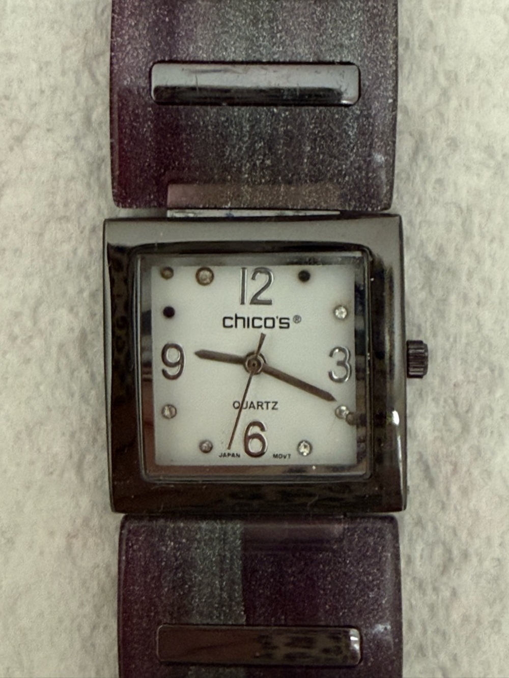 Chico’s Quartz Watch Eggplant Glitter Color Acrylic Metal Band